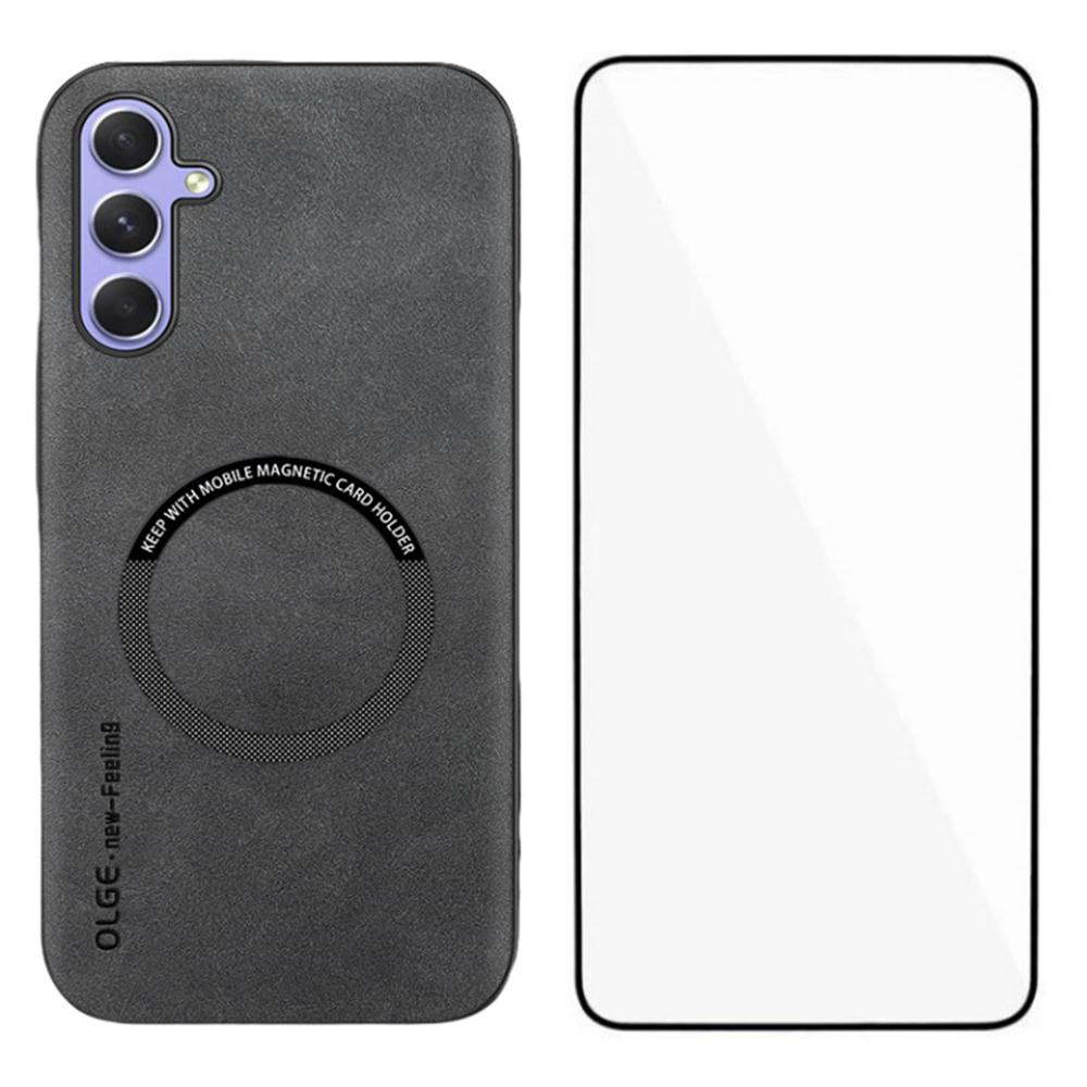 WANLONFENG YBP Series For Samsung Galaxy A34 5G Magnetic Case with Tempered Glass Film PU+TPU Phone Cover Large Cutout