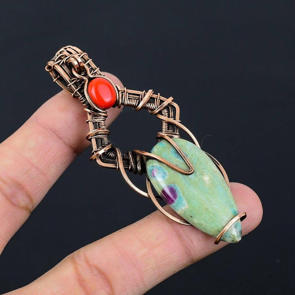 Ruby In Fuchsite, Coral Gemstone Pure Copper Wire Wrapped Handmade Jewelry Pendant Gift