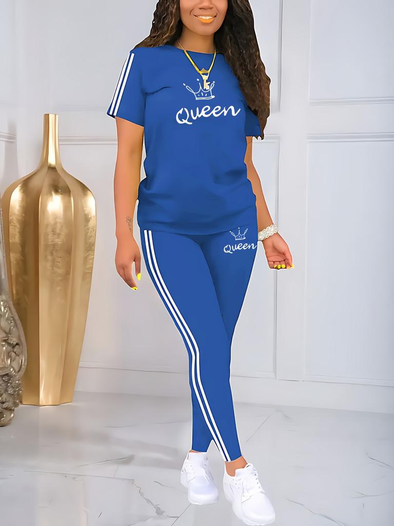 Women's Letter Crown Print Casual Round Neck Drawstring Short Sleeves and Pants Two-piece Set