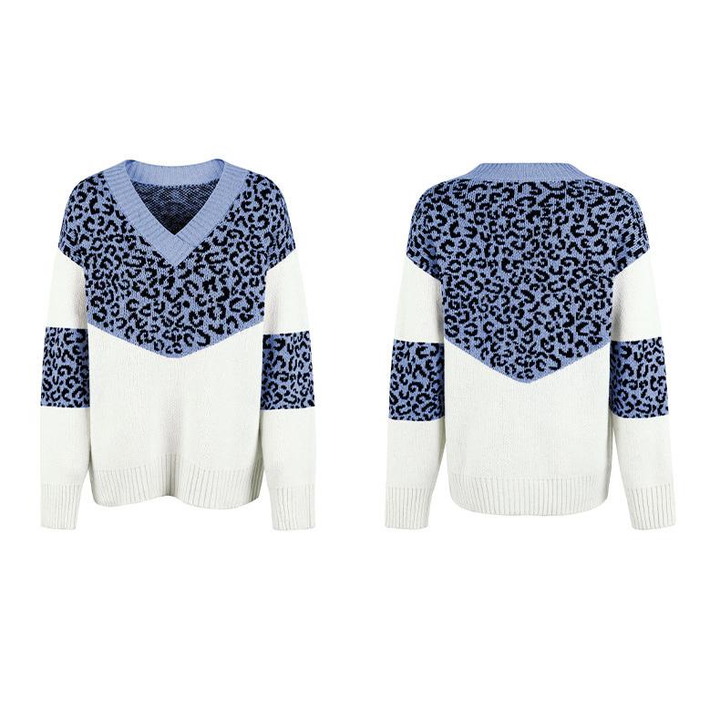 Autumn Winter Vintage Loose Long Sleeve Top Leopard Cardigan Knitwear V-Neck Sweater