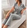 Lapel Cardigan Women's Pajama Set - Spring/Summer, Solid Color, Long Pants, Comfortable Home Wear