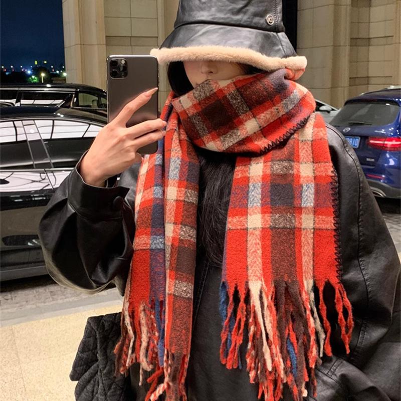 Knitted Retro Scarf Headscarf Winter Women Men Preppy Plaid Tassel Warm Scarve Pashmina Mujer Femme Male Long Wrap Shawl Unisex