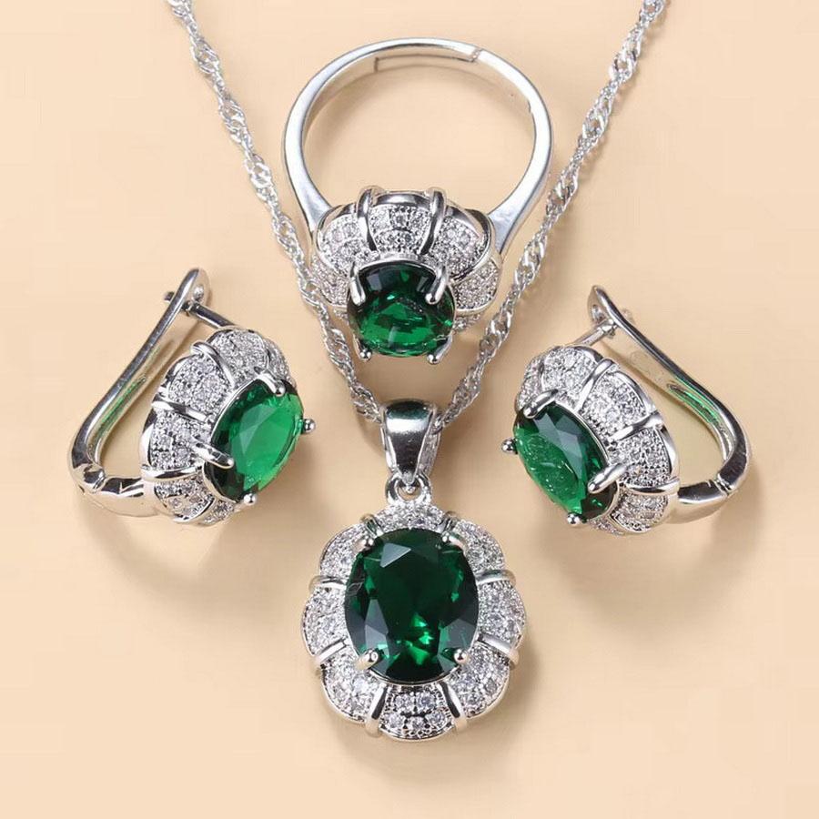 

Luxury Emerald Green Cubic Zirconia Jewelry Set - 4pcs 925 Silver Necklace Earrings Ring Bracelet Bridal Wedding Party Accessory resizable