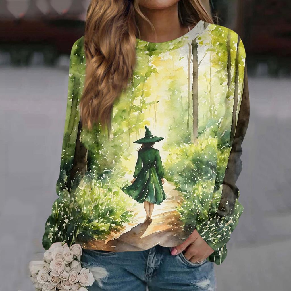 Women's Casual Long Sleeve Printed Raglan Sleeve Pullover Top for Halloween