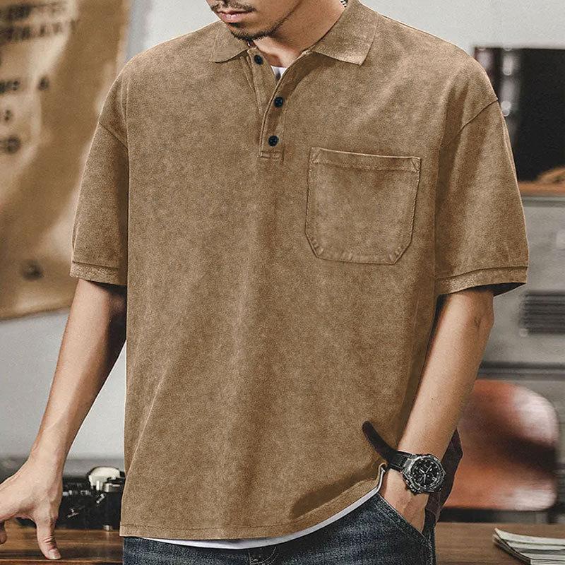 

Новая мужская рубашка поло, американская ретро-футболка тяжелого кроя, летняя повседневная универсальная однотонная рубашка с короткими рукавами и лацканами S