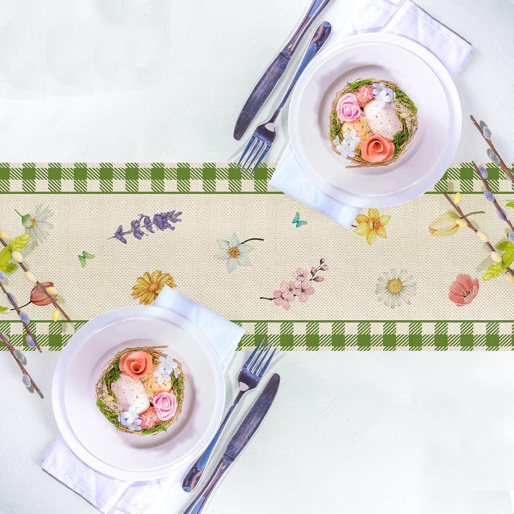 Hello Spring Gnomes Green Buffalo Plaid Table Runner 72 Inches Long, Gnome Decorations for Home, Burlap Spring Easter Floral Table Decor for Kitchen
