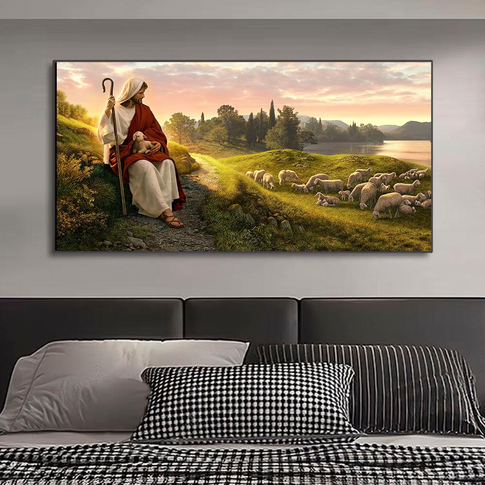 Gesù Cristo Pastore Tela Arte Murale Moderna Religiosa Dio Poster Stampa HD Pittura Quadro Opera d'Arte per Camera da Letto Soggiorno Decorazione Senza Cornice