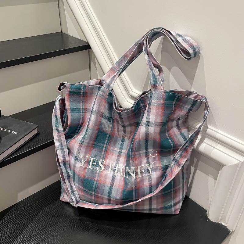 Schultertasche im koreanischen Stil mit Karomuster: Herbst/Winter Doppel-Tasche für Damen, Großes Fassungsvermögen Studenten-Pendler Crossbody