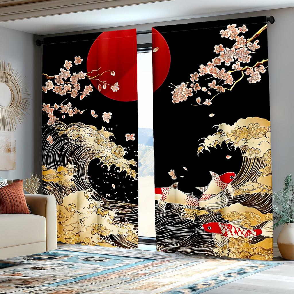 Classic Japanese Koi Pattern Curtains Polyester Fabric Suitable Bedroom Living Room Decoration Set Of 2 Made Decor