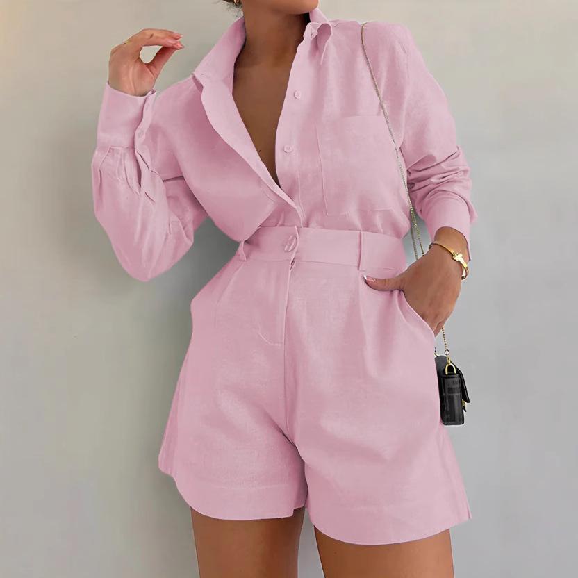2024 Trendy Women's Casual Suit: Long Sleeve Shirt & Shorts Set
