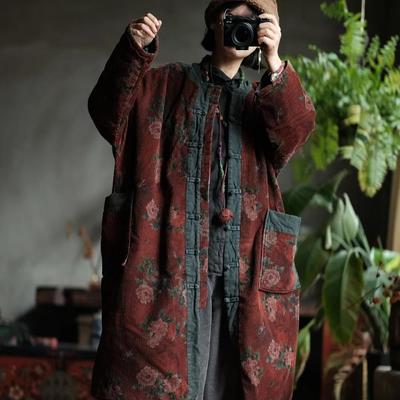 Women Vintage Red Floral Corduroy Warm Button Long Sleeve Pockets Coats Winter Chinese Style Coats