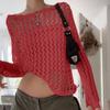 Women's 2026 New American Style Loose Knit Cardigan - Hollow Big Round Neck, Solid Color, See-through Mesh, Long Sleeve.