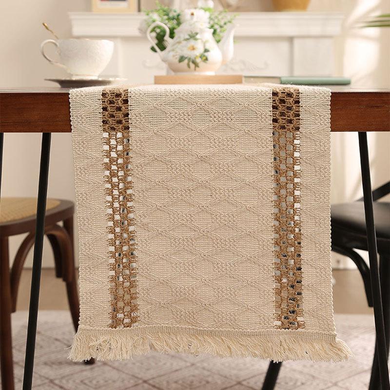 

Cotton And Linen Table Flag Splicing Weaving Tassel Ethnic Table Mat