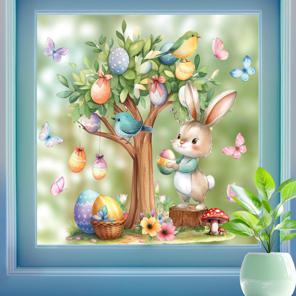 2 Sheets Easter Bunny Window Clings Cartoon Egg Stickers Cute Decoration For Home Classroom Nursery Shop Glass Display Decorations