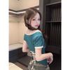 Spice Girl Contrasting Color Splicing Short Sleeve Front Shoulder T-Shirt Women's Summer Strap Backless Slim Design Short Bottom Top