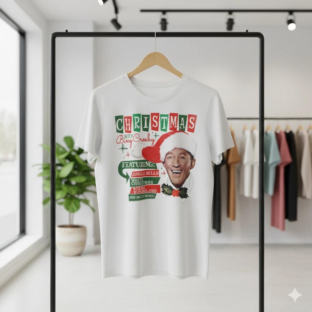 

Bing Crosby Christmas Graphic T-Shirt White Holiday Music Vintage Style - T744 M
