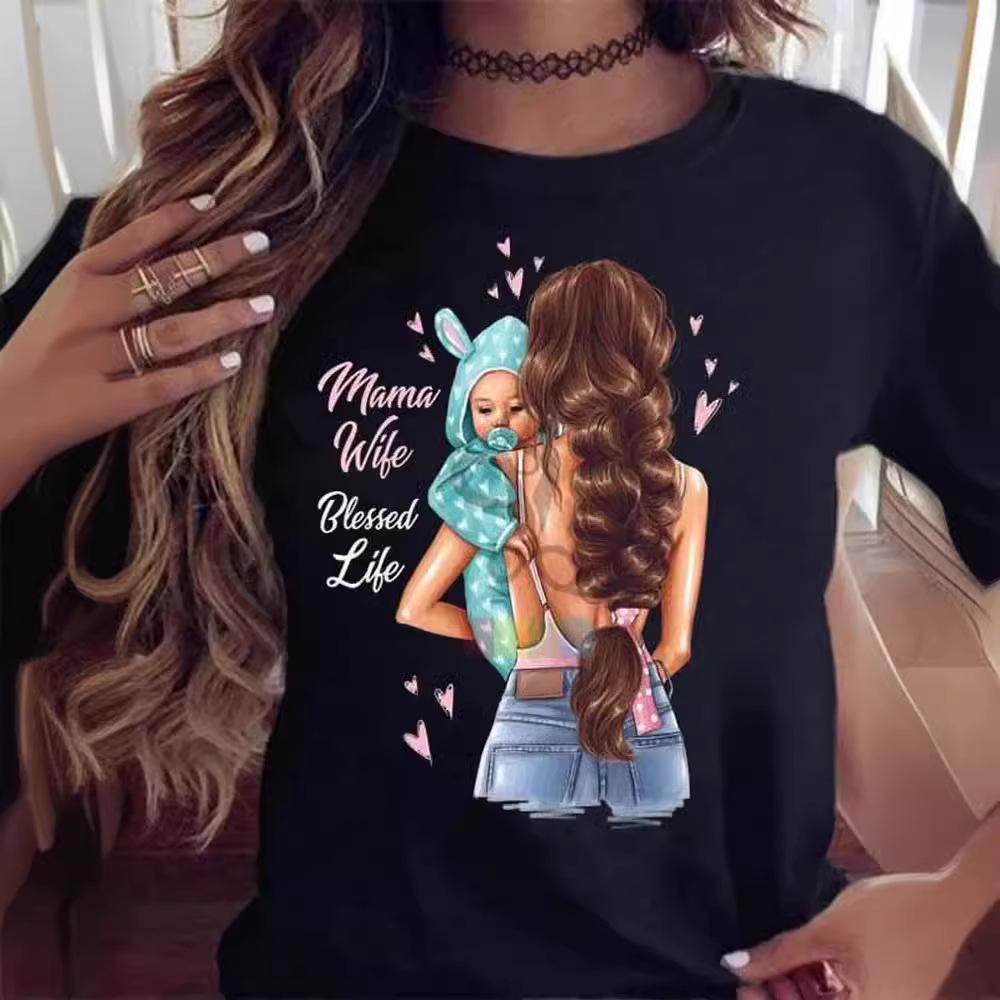 Cartoon Mother and Son Daughter Printed Women's T-Shirt Summer Casual Harajuku Mom Printed Short Sleeves