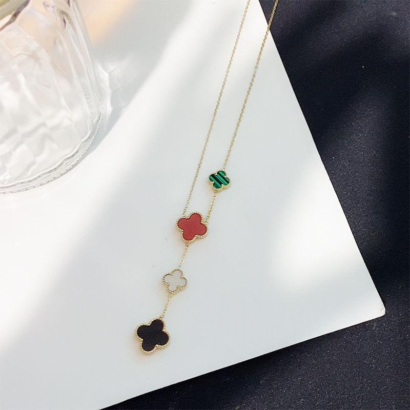 With Necklace Double Clover Sided Feminine Temperament Titanium Steel Non Fading Lucky Grass Tassel Collarbone Chain