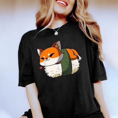 Harajuku T-Shirts Sushi Fuchs Druck Lustiges Cartoon T-Shirt Damen Ullzang Mode T-Shirt 90er Kawaii T-Shirt Grafik Top Tees Weiblich
