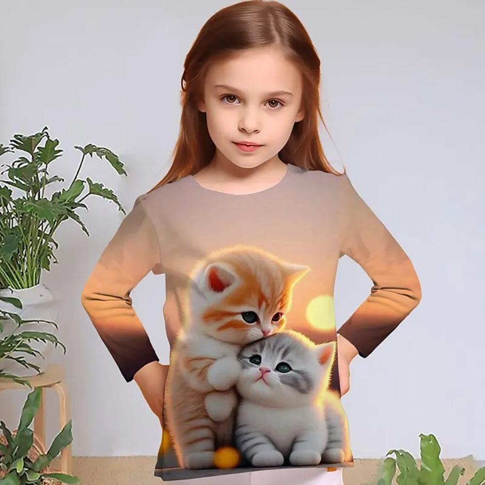 Children's Cat Cuddling Pattern 3D Digital Print Girl Fashionable and Comfortable Round Neck Long Sleeved T-shirt