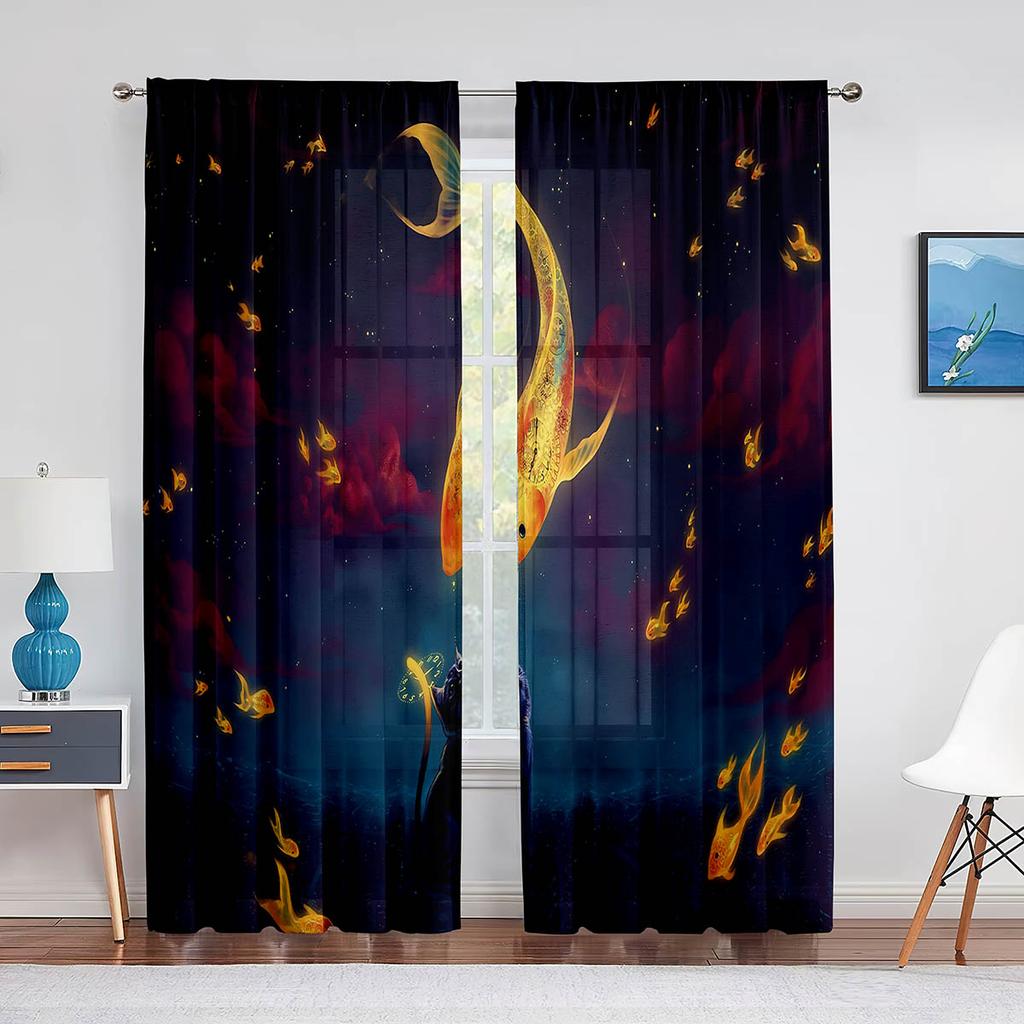 Koi Fish Ink Painting Goldfish Sheer Voile Curtains Window Treatment Chiffon Tulle Curtain for Kitchen Living Room Bedroom Drape