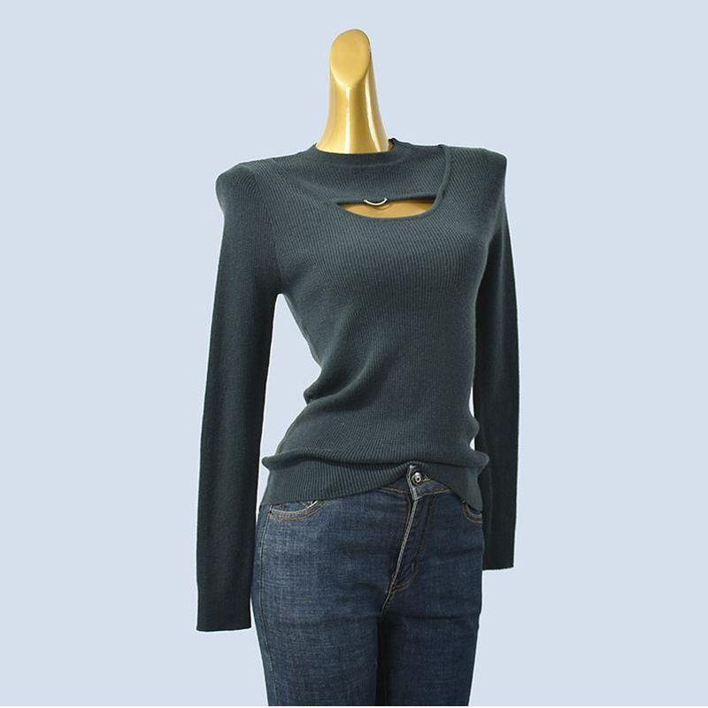 Soft Glutinous Inner Wear Spring and Autumn Sunken Stripe Silm Long Sleeves Pure Color Knitting Woolen Sweater Cut Out Stylish Women's Clothing
