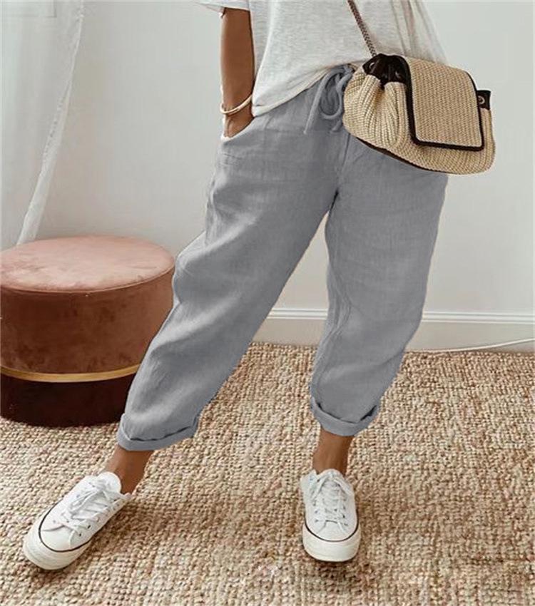 2024 European & American Style Print Cotton Linen Casual Pocket Long Pants