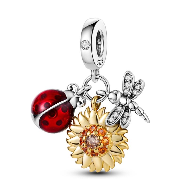 New 925 Silver Fashion Golden Sunflowers Heart Charms Beads Fit 925 Bracelets Luxury Party DIY Jewelry