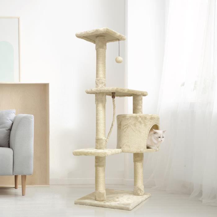 PALOMA Arbre à chat beige 40 x 40 x 114cm - 3 plateformes, 1 corde, 1 niche , poteaux à griffer