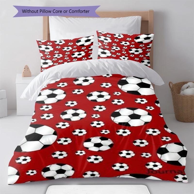 Black White Soccer Ball Pattern Red Background Print 3 Pieces Duvet Cover Set Football Sports Bedding Bedroom Home Decor Without Pillow Core Comforter