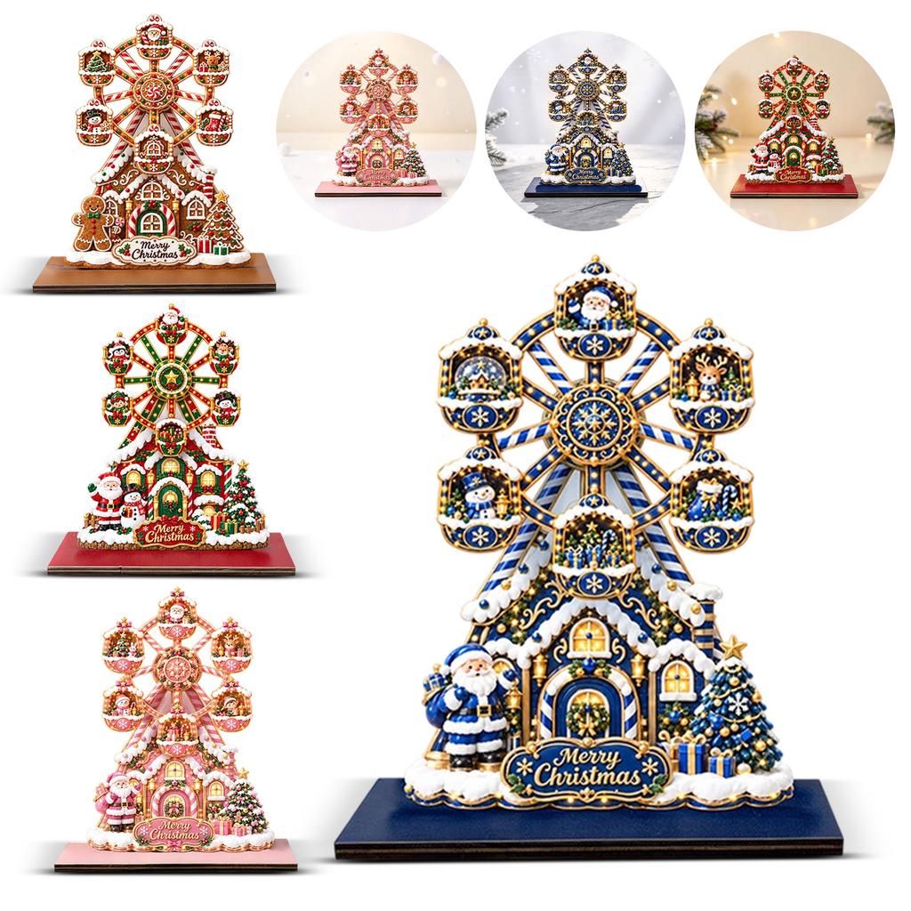 Christmas and Snowman Rotating Ferris Wheel Wooden Decoration, Holiday Tabletop Ornament