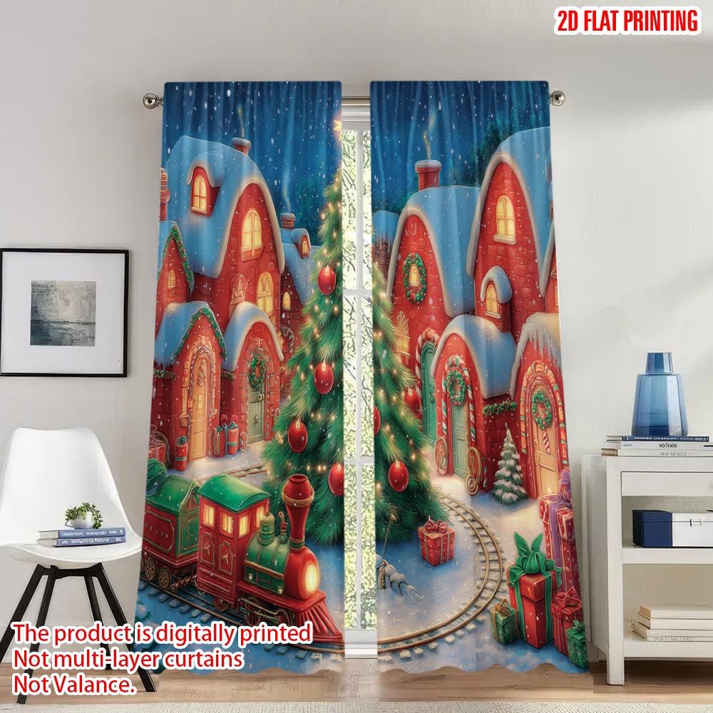 

Flat Printing Happy Christmas Fashion Curtains Village Train Scene Digital Printed Polyester Drapes Festive Curtain Set Of 2 Made Washable W100*H70(CM)-Rod Pocket&2PCS