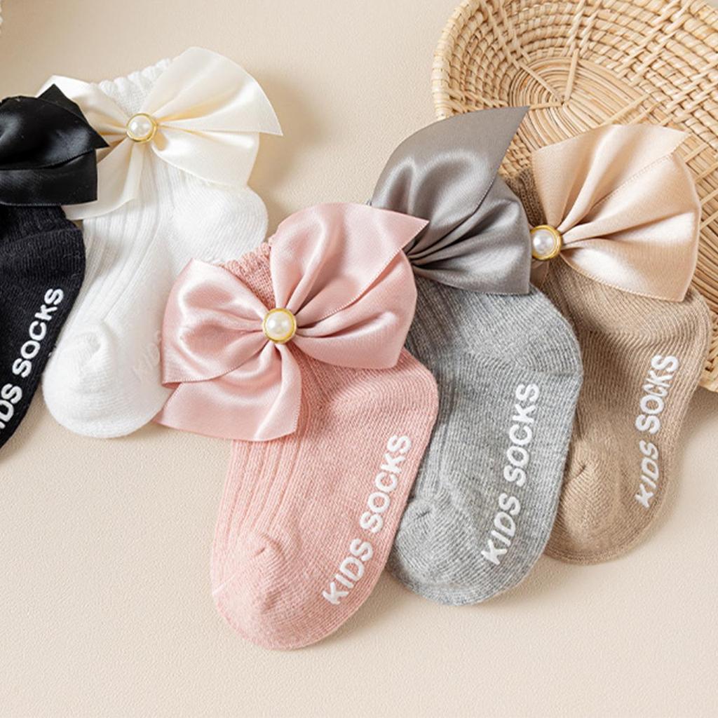 1-2Y Big Bow Princess Socks Simulated Pearl Bowknot Girl Middle Tube Sock Spring Summer Cotton Sock Baby Non-slip socks for Indoors