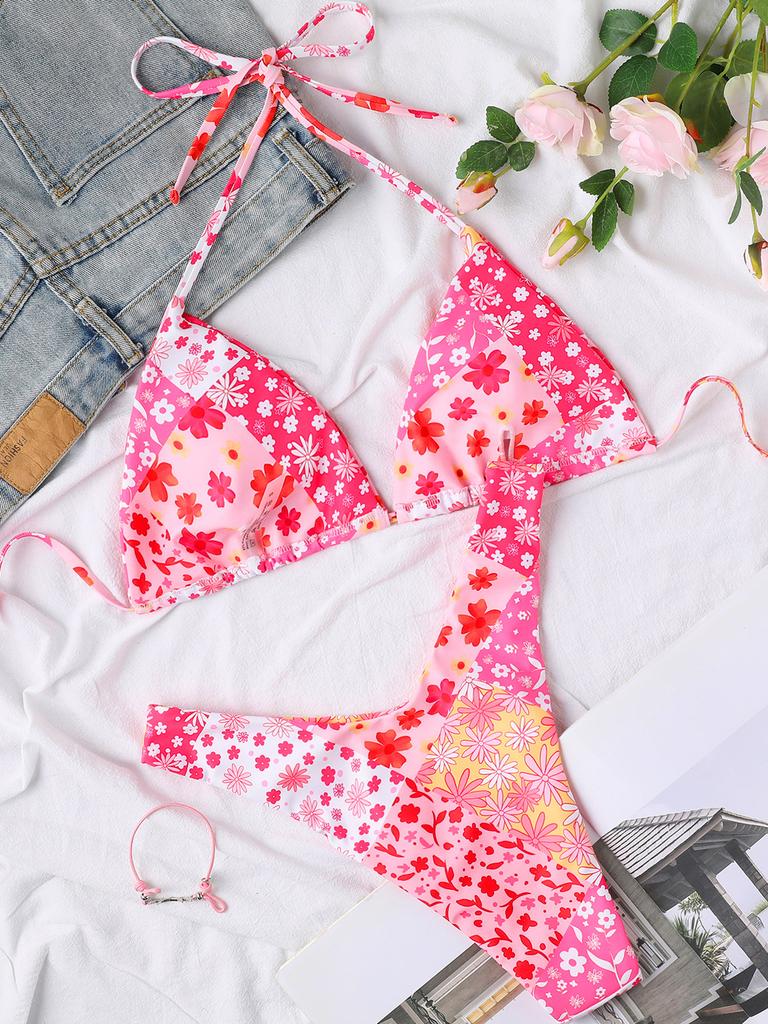 Floral Tie Triangle Cup Sexy Bikini Two Piece Set Elegant Vacation Wear