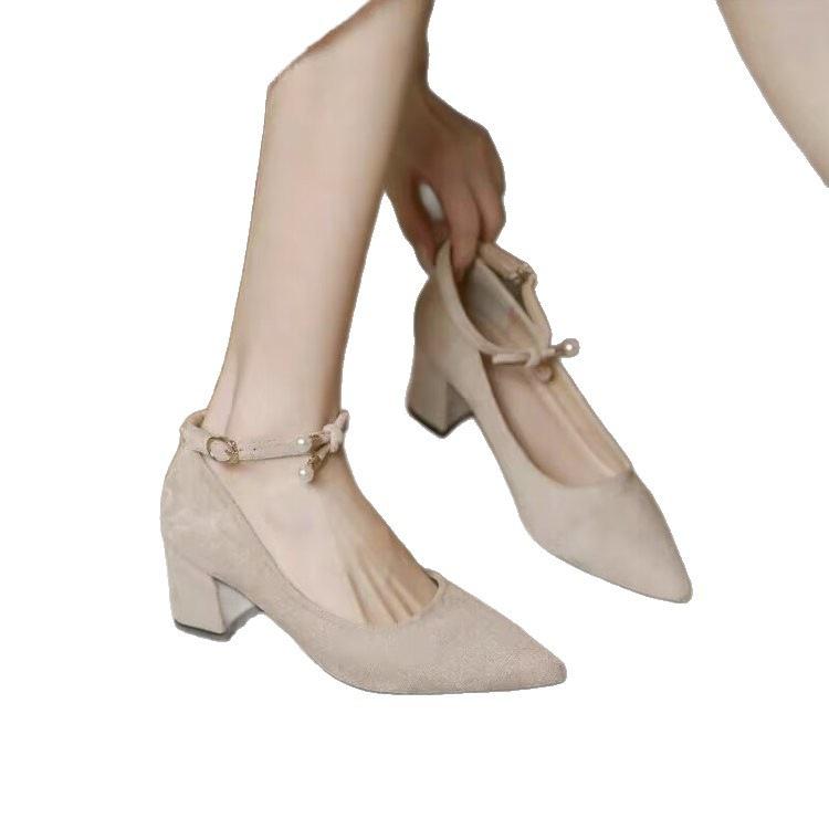 French high heel with skirt shoes pearl single shoes medium heel thick heel etiquette temperament Shu dress black