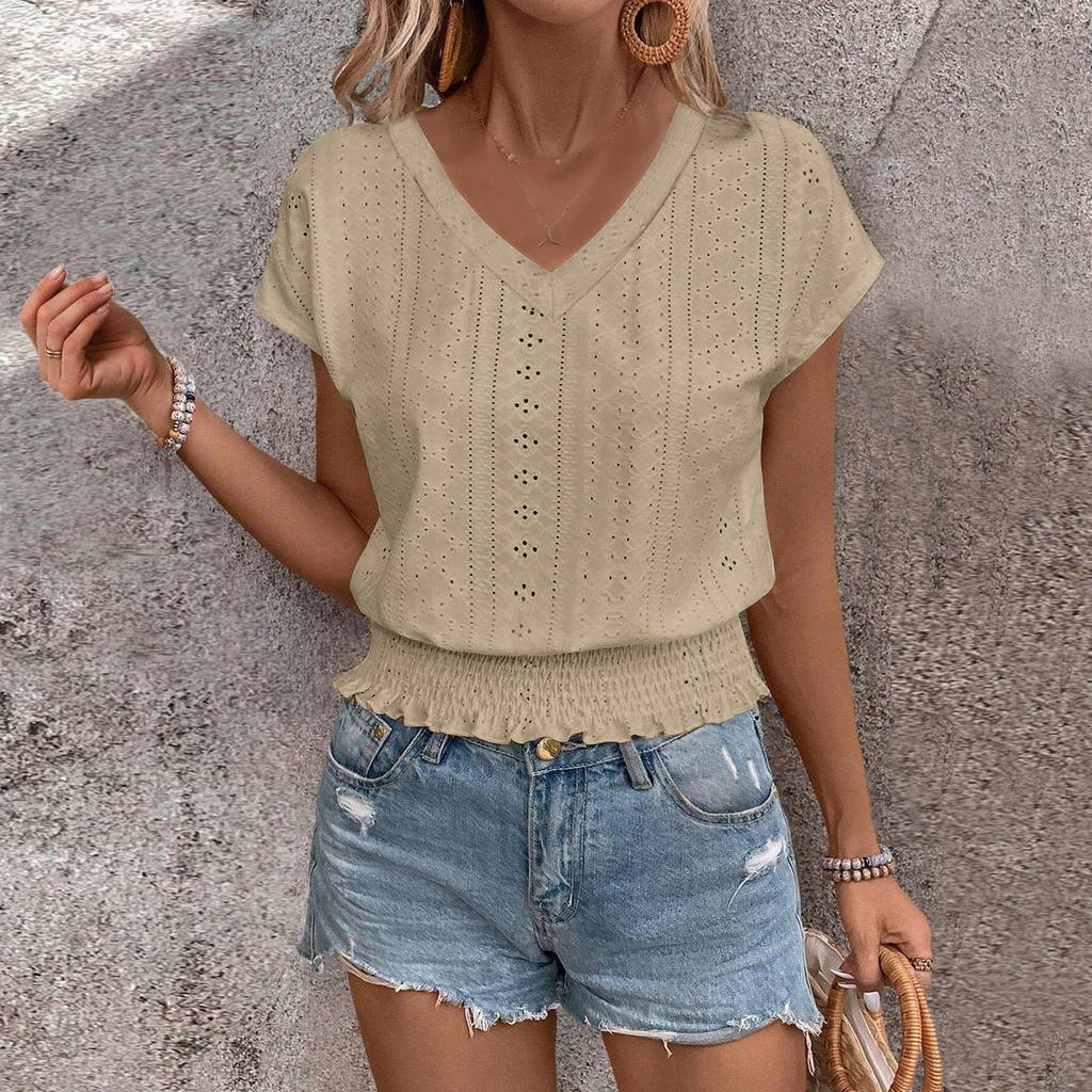 Damenmode V-Ausschnitt Farbe Hohl Kurzarm Oberteil T-Shirt Sommer