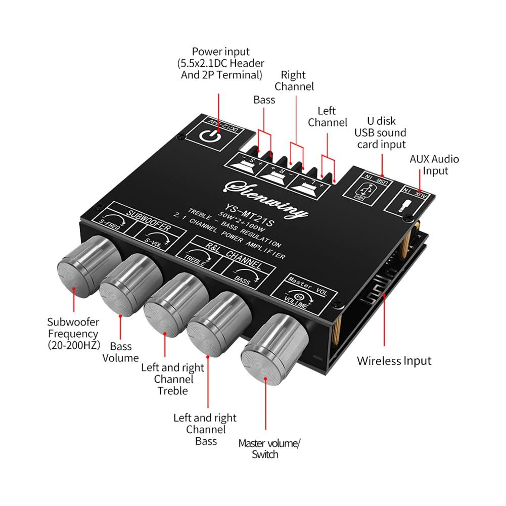 ZK-MT21 2x50W+100W 2.1 Channel Subwoofer Digital Power Amplifier Board AUX 12V 24V Audio Stereo Bluetooth 5.0 Bass Amp for Home