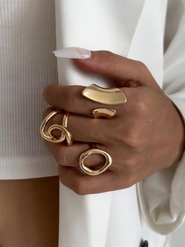 3pcs Retro Punk Exaggerated Asymmetrical Ring Set for Women Fashion Minimalist Geometric Hollow Round Unique Design Ring Jewelry