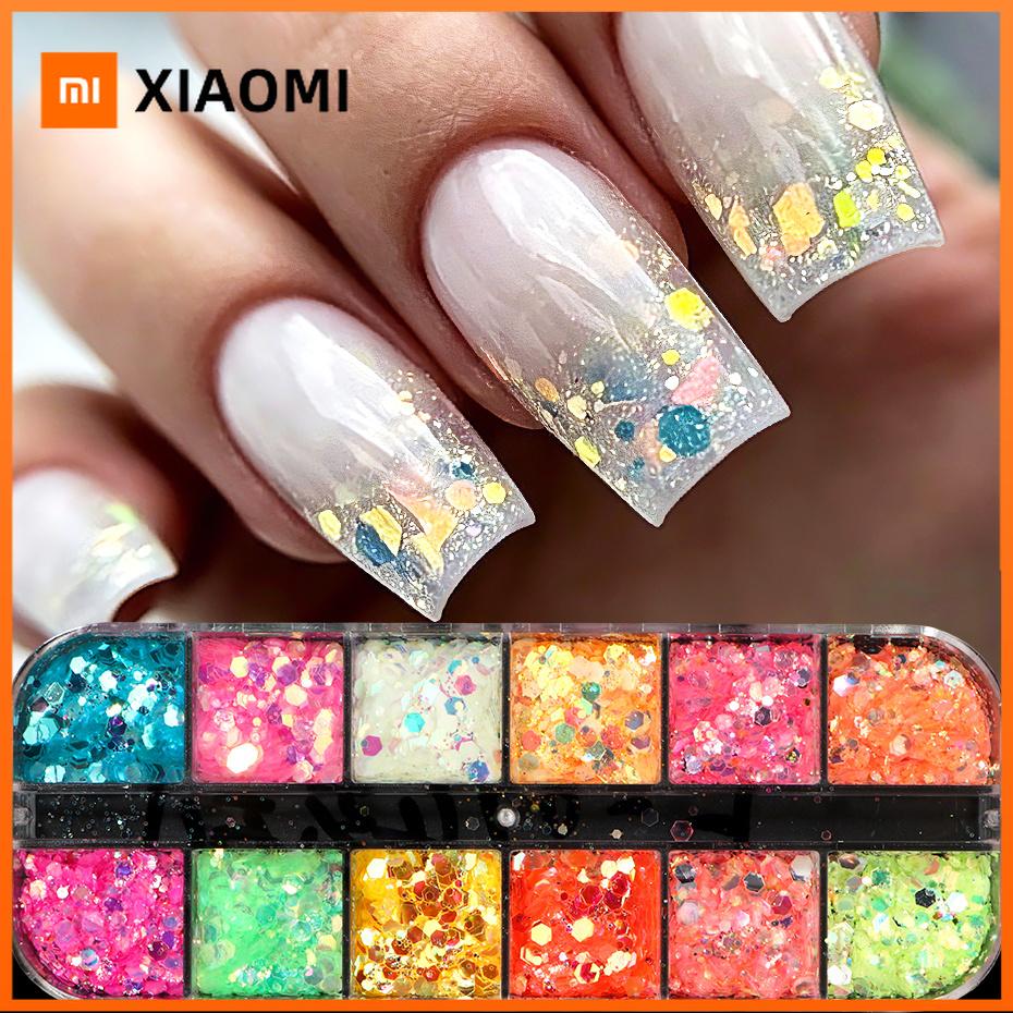 Xiaomi 12 Grids Iridescent Holographic Nail Glitter Sequins Hexagonal Flakes Aurora Mermaid Chunky Sparkly Glitter Manicure Decorations
