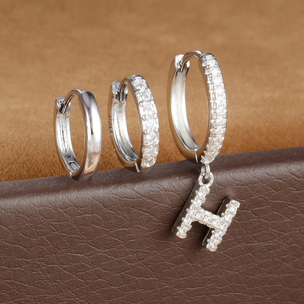 3pcs Silver Color Stainless Steel 26 Letters Hoop Earrings Set For Women A-Z Crystal Zircon Geometric Earrings Wedding Jewelry
