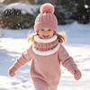 Outdoor Skiing Cold Protection Set Kids Winter Warm Knit Set, Bear Ear Hat, Fleece Lined Neck Gaiter & School Wear for Little Full Finger Gloves,