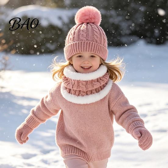 Outdoor Skiing Cold Protection Set Kids Winter Warm Knit Set, Bear Ear Hat, Fleece Lined Neck Gaiter & School Wear for Little Full Finger Gloves,