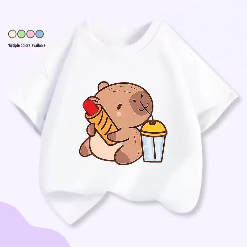Unisex Kids’ Cute Capybara Milk Tea Cartoon T-Shirt - Loose Summer Casual Short Sleeve Top