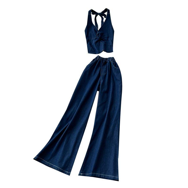 Casual Set Women Korean Fashion Summer Clothing Scheming Twist Hanging Neck Sling Denim Top High Waist Wide Leg Straight Pants