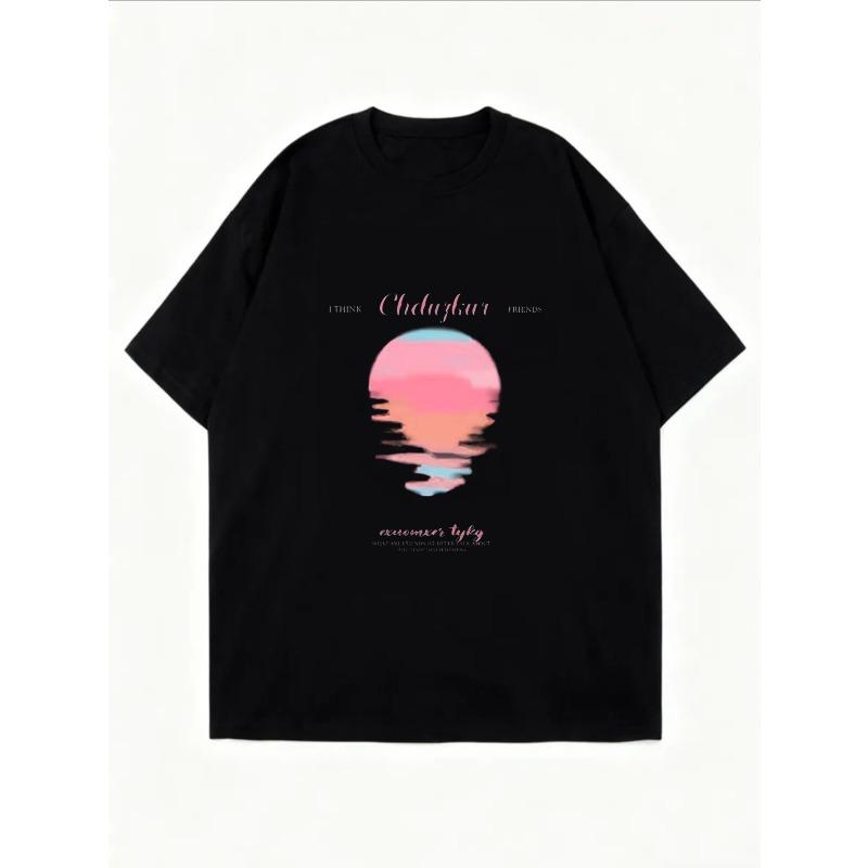 White Oversized T Shirt With Abstract Sunset Print And Text For Casual Wear