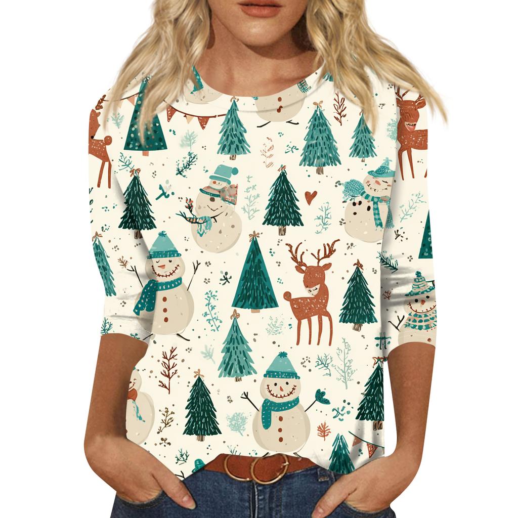 Women's Fashion Casual Round Neck Three-quarter Sleeve Christmas Print T-shirt Top