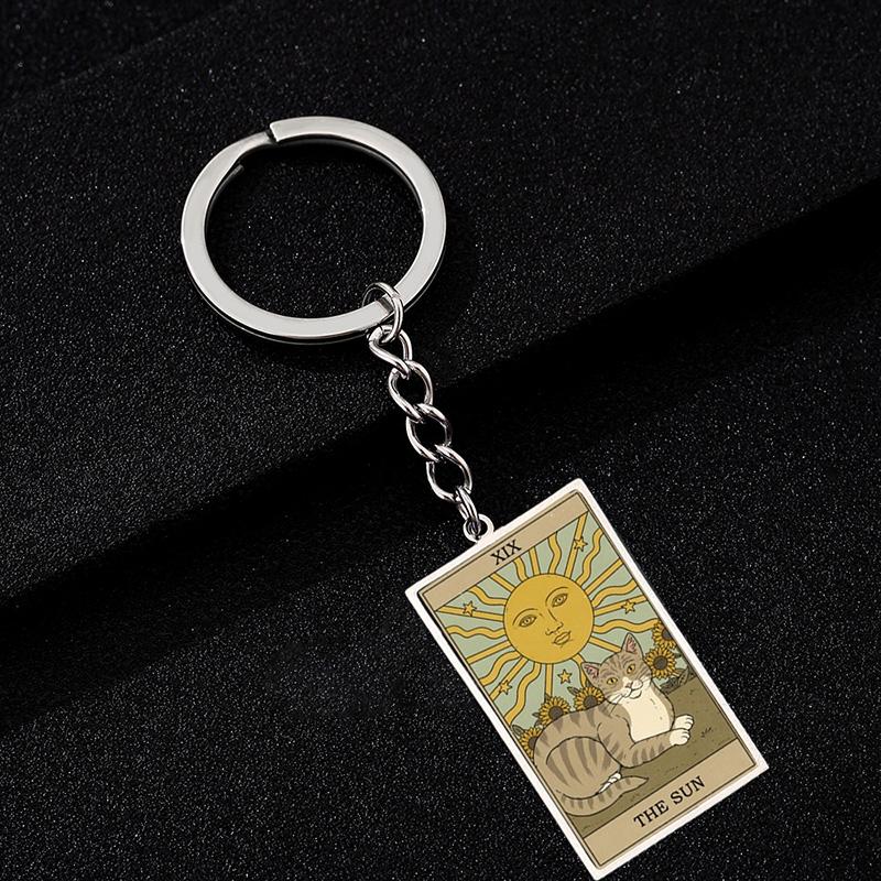 Cute Cat Tarot Card Keychain Vintage Rectangle Epoxy Stainless Steel Pendant Key Chain Animal Divination Jewelry