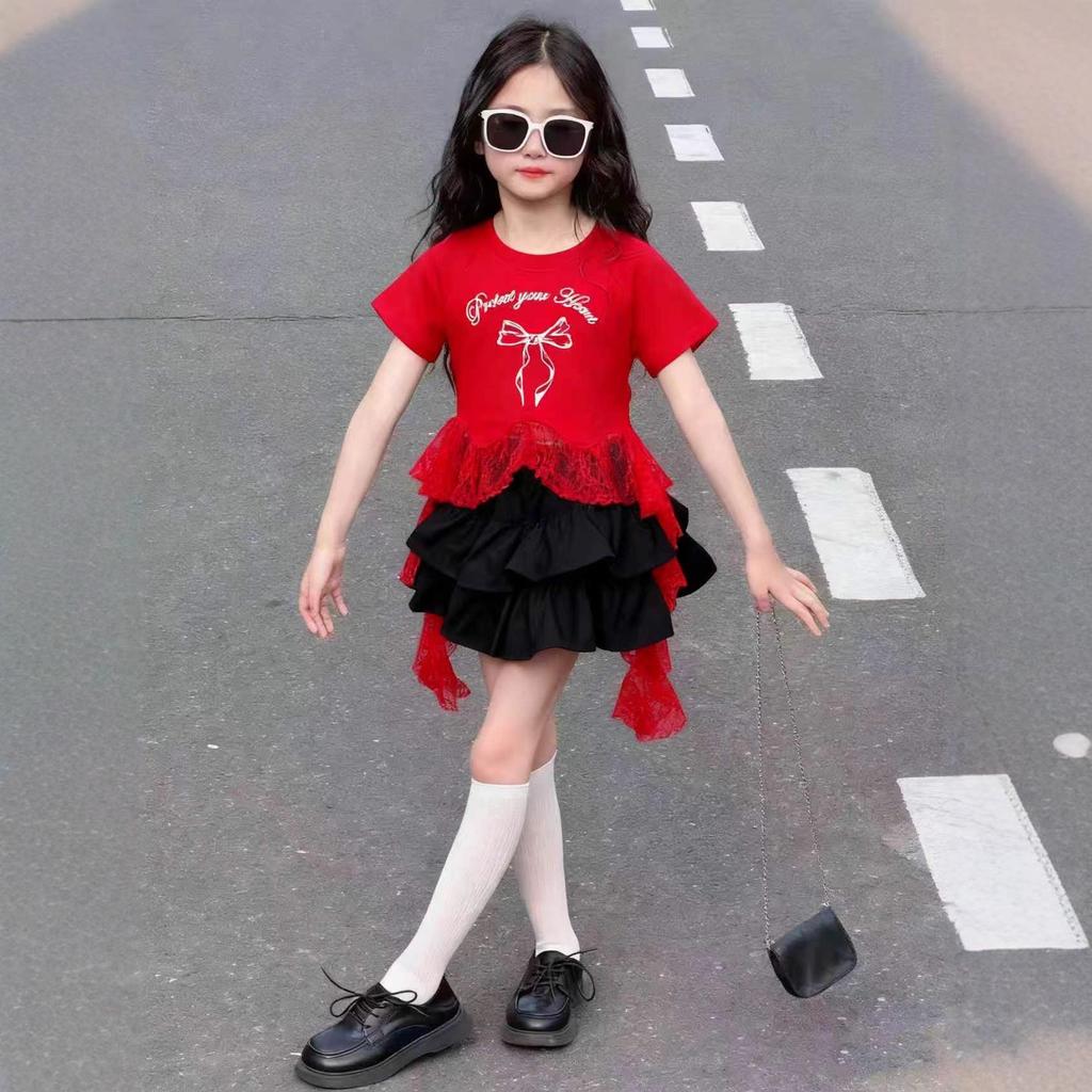 Girls Summer Short Sleeve Ruffle Dress Set with Bow Tie Trendy and Versatile