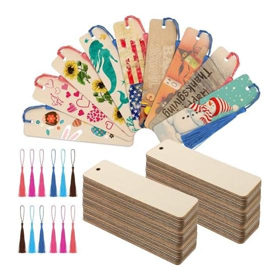 50 Pack Blank Wooden Bookmarks for DIY, Rectangle Wood Bookmarks Easy to Color, Craft Projects, Gift Tags, Craft Supplies with 50 Colorful Tassels
