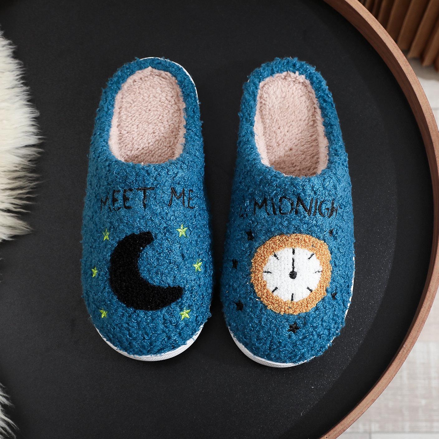 

Women s Winter Cute Cartoon Smiley Face Cotton Slippers - Plus Size, Moon Clock Design. 42-43 синий